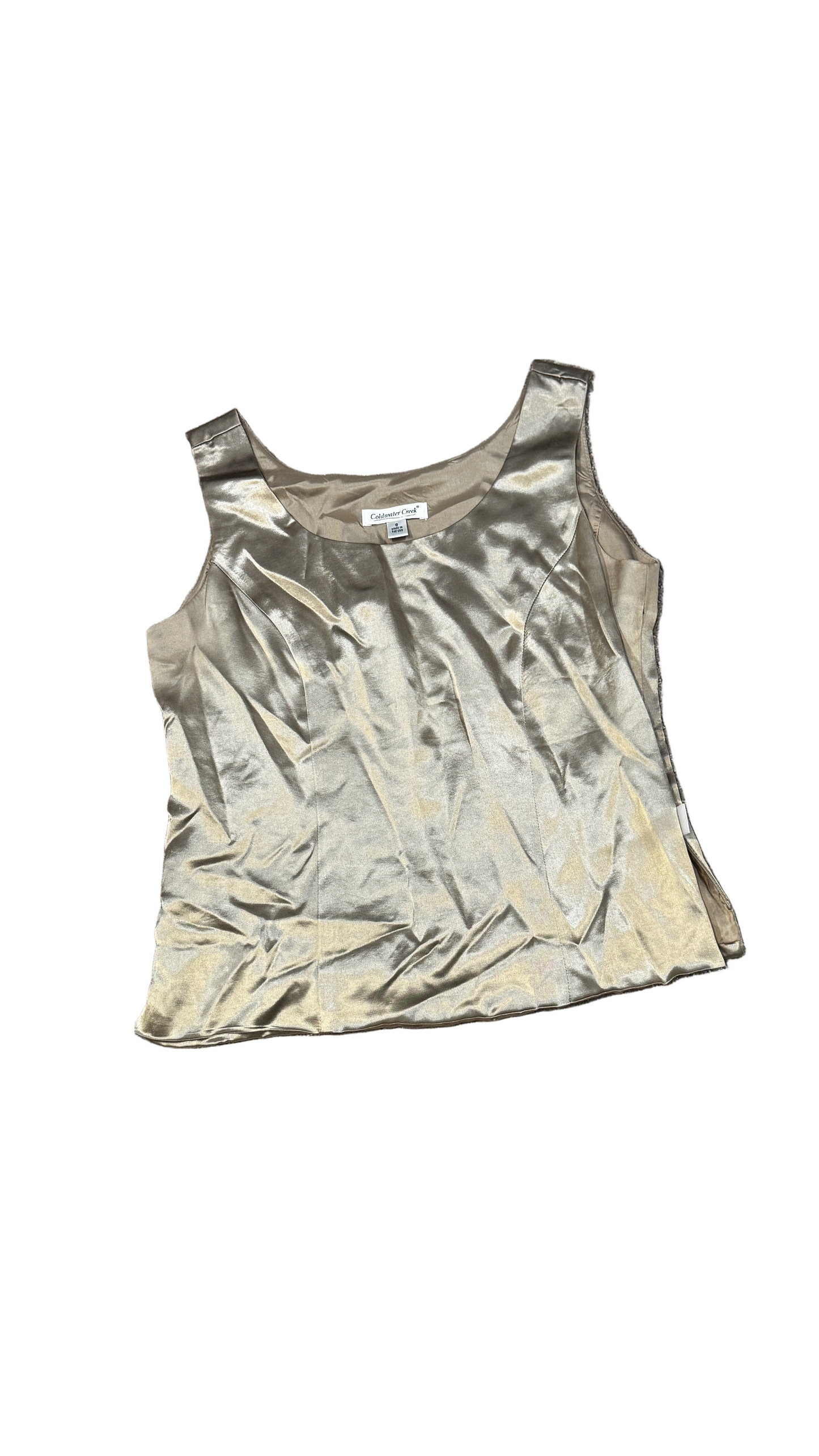 Coldwater Creek champagne satin sleeveless top, women’s size medium, flat lay view showing soft sheen and structured seams