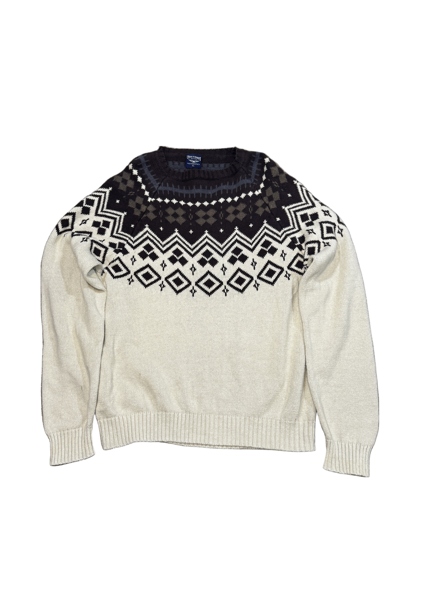 Steve & Barry’s Authentic Brand charcoal knit crewneck sweater with ivory windowpane pattern, size XL, flat lay view.