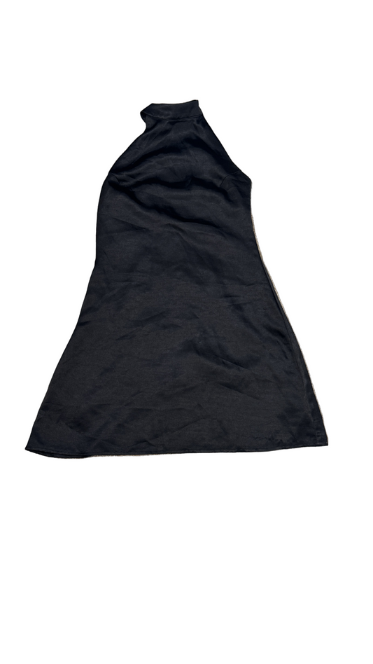 Urban Outfitters Black Silk Halter Mini Dress Size Small – lightweight 100 percent silk fabric with open back and fluid drape.
