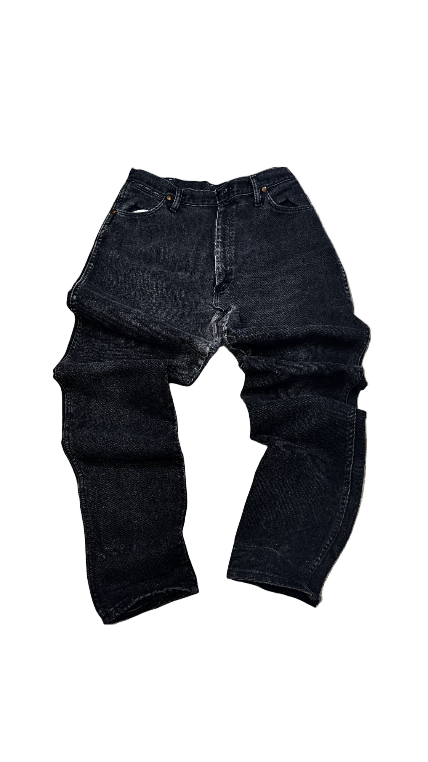 Wrangler 12MWZ Cowboy Cut Original Fit Jeans Made in USA 34x34 – gray denim five-pocket western jeans with structured mid-rise fit.