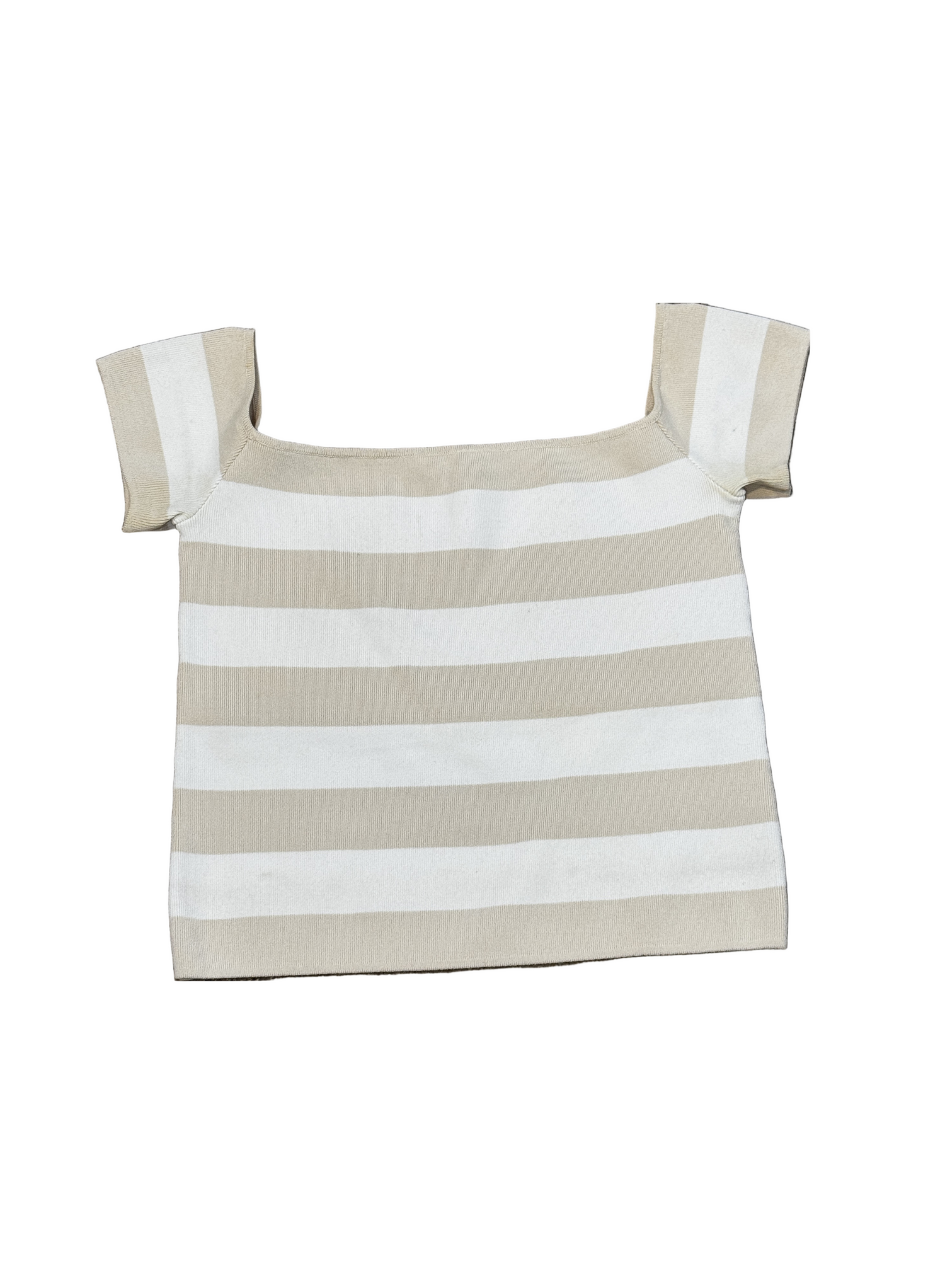 Ronny Kobo Striped Knit Square-Neck Top Beige and White Size Medium – designer stretch-knit top with wide horizontal stripes and sculpted silhouette.