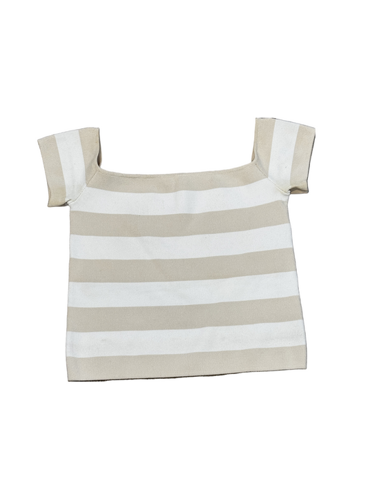 Ronny Kobo Striped Knit Square-Neck Top Beige and White Size Medium – designer stretch-knit top with wide horizontal stripes and sculpted silhouette.