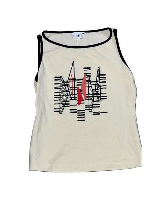 LBH geometric cotton tank top in cream with black trim and red embroidered design
