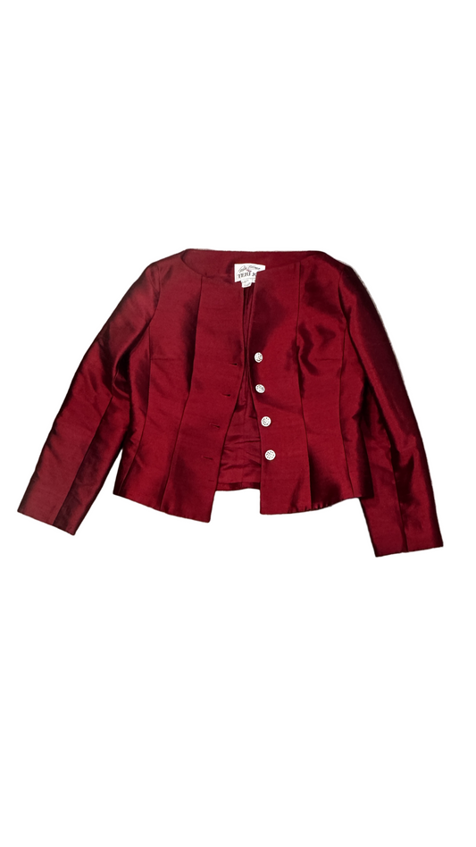 Rickie Freeman for Teri Jon red silk evening jacket with crystal buttons, size 6, photographed on a black background.