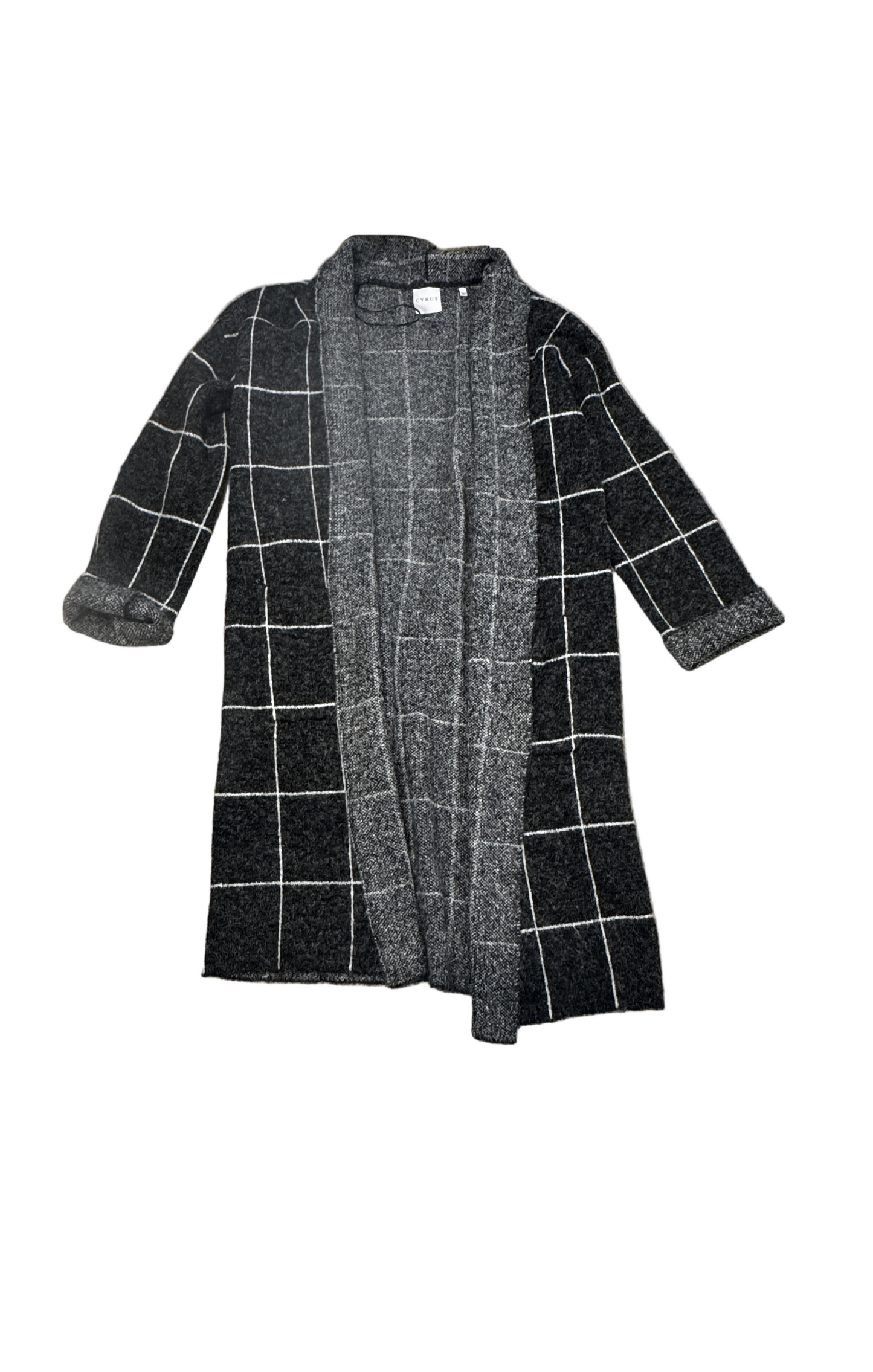 soft open-front cardigan features a charcoal-and-ivory windowpane pattern w