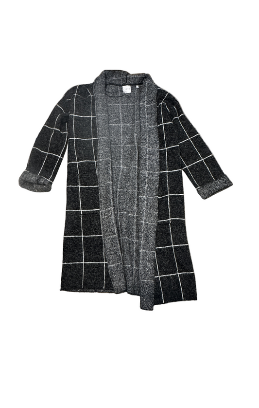 soft open-front cardigan features a charcoal-and-ivory windowpane pattern w